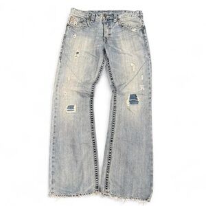 Y2K Silver 925 Bleach Faded Patched Embroidered Boocut Flared Jeans